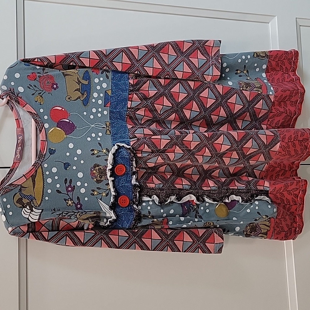 Jelly The Pug Red and Blue Patterned Dress Sz 7